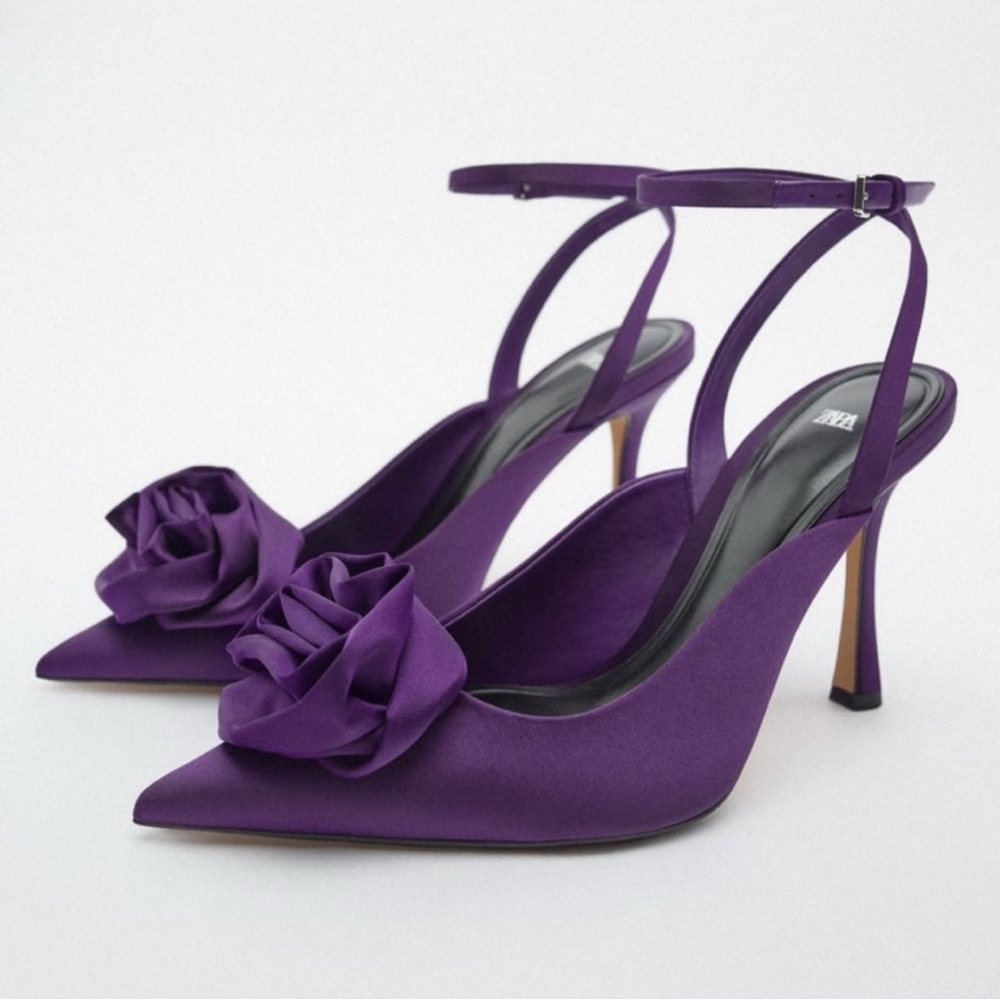 NWT Zara Purple Slingback Heels with Floral Detail